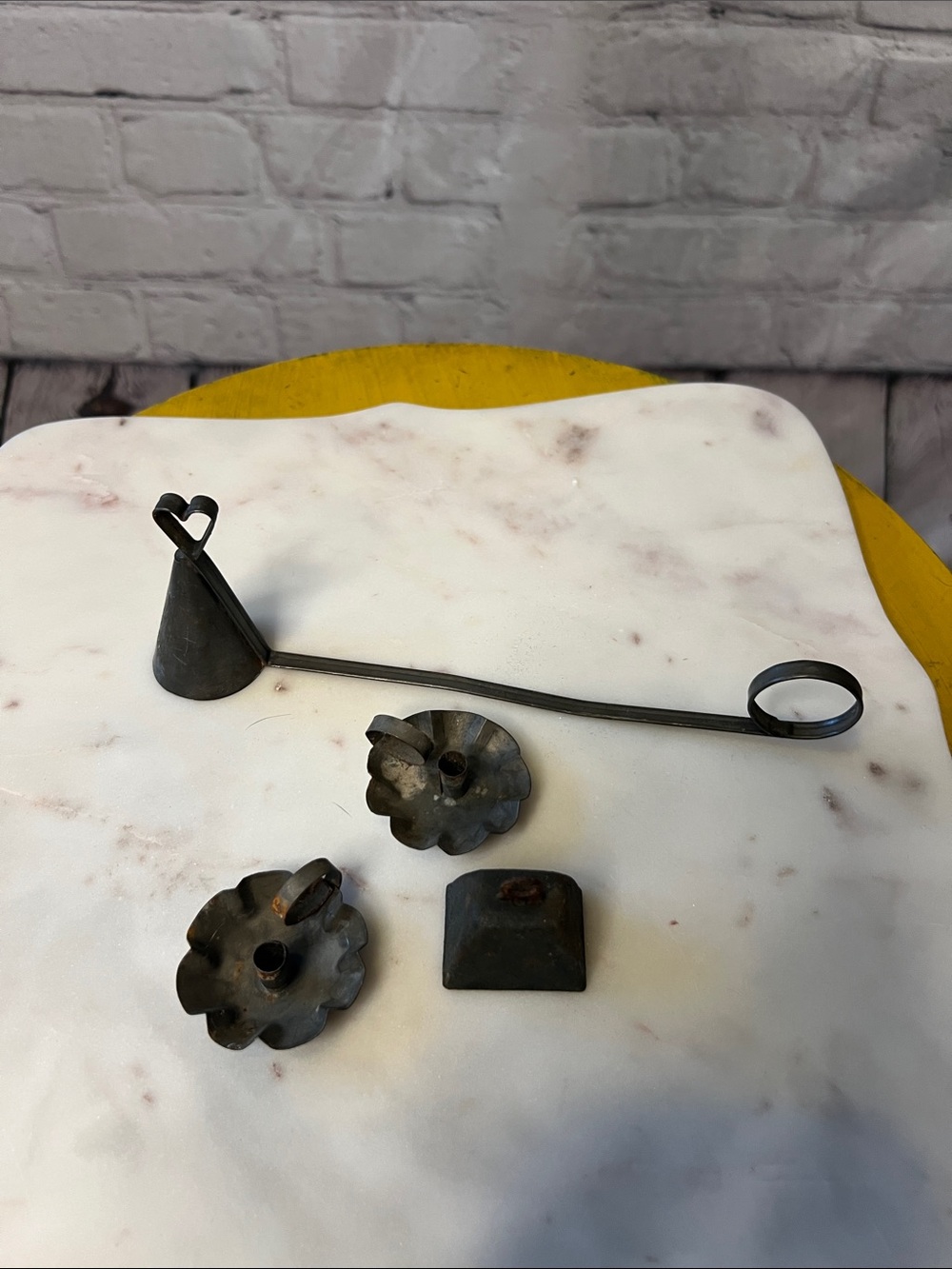 Rustic Metal Candle Accessory Set Heart Snuffer Taper Holders mini cowbell